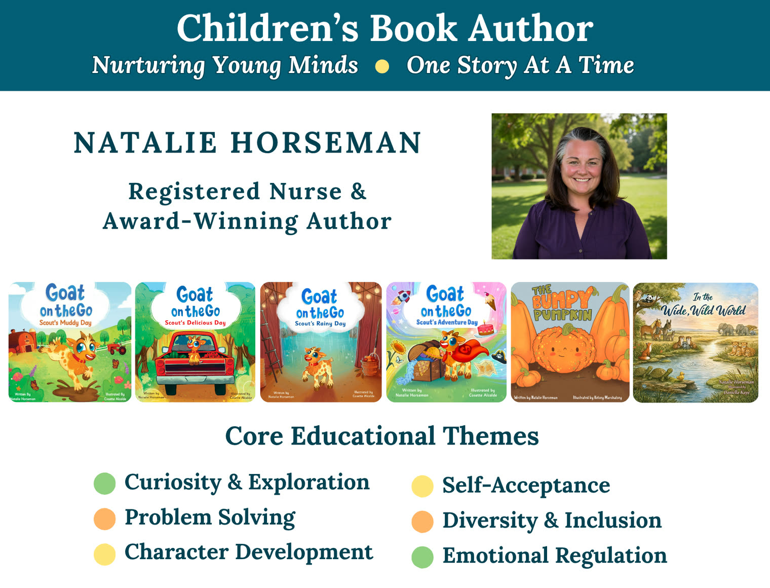 Natalie Horseman, registered nurse and award-winning children's book author, with her six picture books and their core educational themes: curiosity and exploration, problem solving, character development, self-acceptance, diversity and inclusion, and emotional regulation