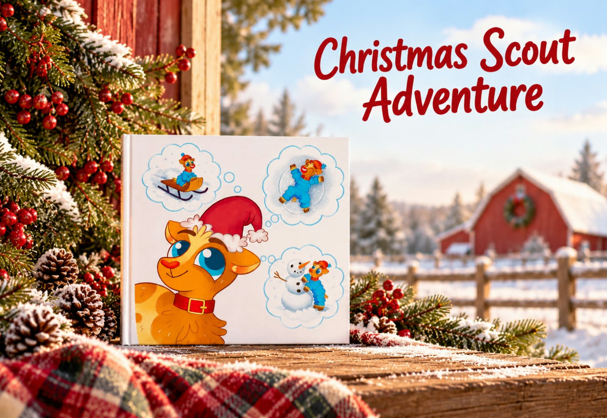 Christmas Scout Adventure, a new Goat on the Go book coming soon, with Scout in a Santa hat