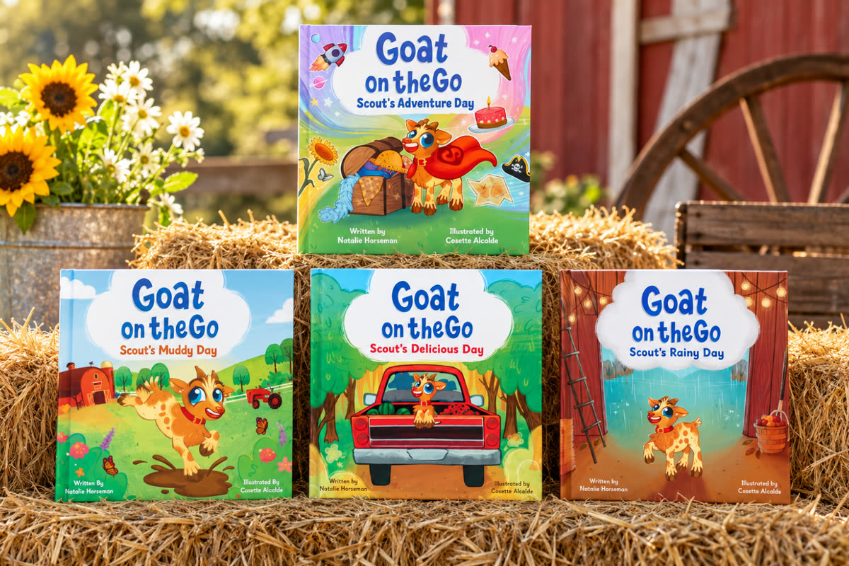 The four Goat on the Go books, Scout's Adventure Day, Scout's Muddy Day, Scout's Delicious Day and Scout's Rainy Day, standing on hay bales