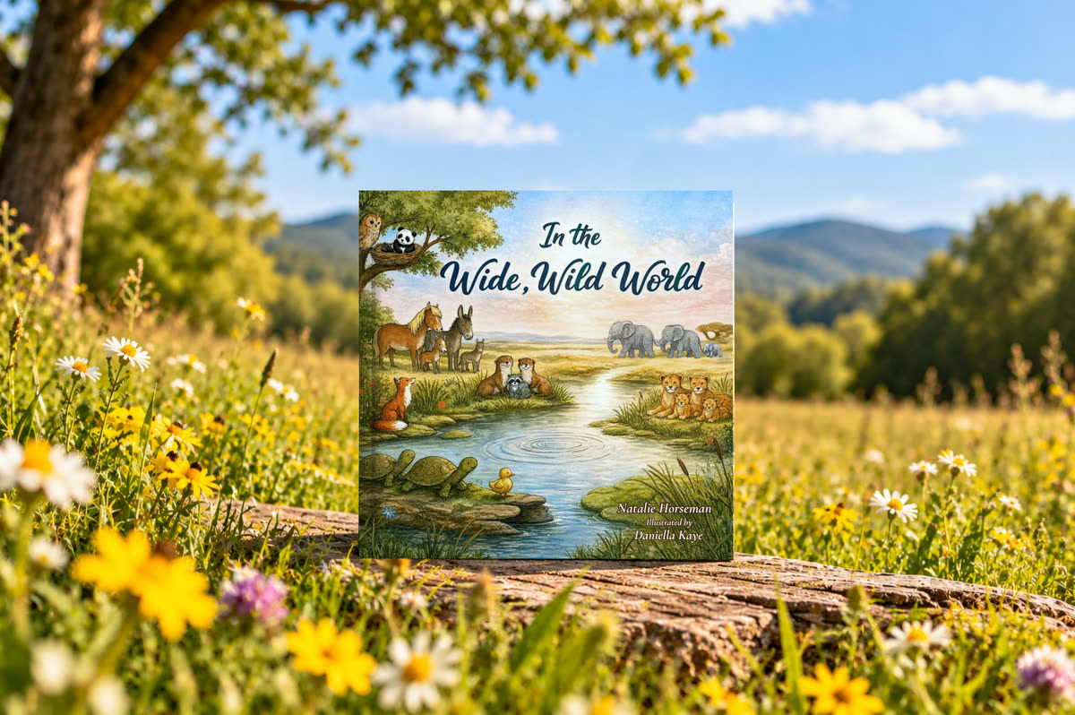 In the Wide, Wild World by Natalie Horseman, illustrated by Daniella Kaye, standing in a meadow of wildflowers