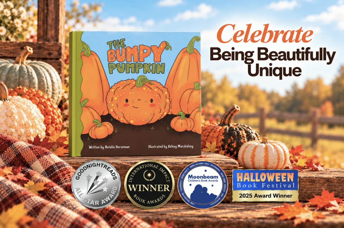 The Bumpy Pumpkin, Celebrate Being Beautifully Unique, with its Goodnight Reads All-Star, International Impact Book Awards, Moonbeam Children's Book Awards and Halloween Book Festival 2025 awards